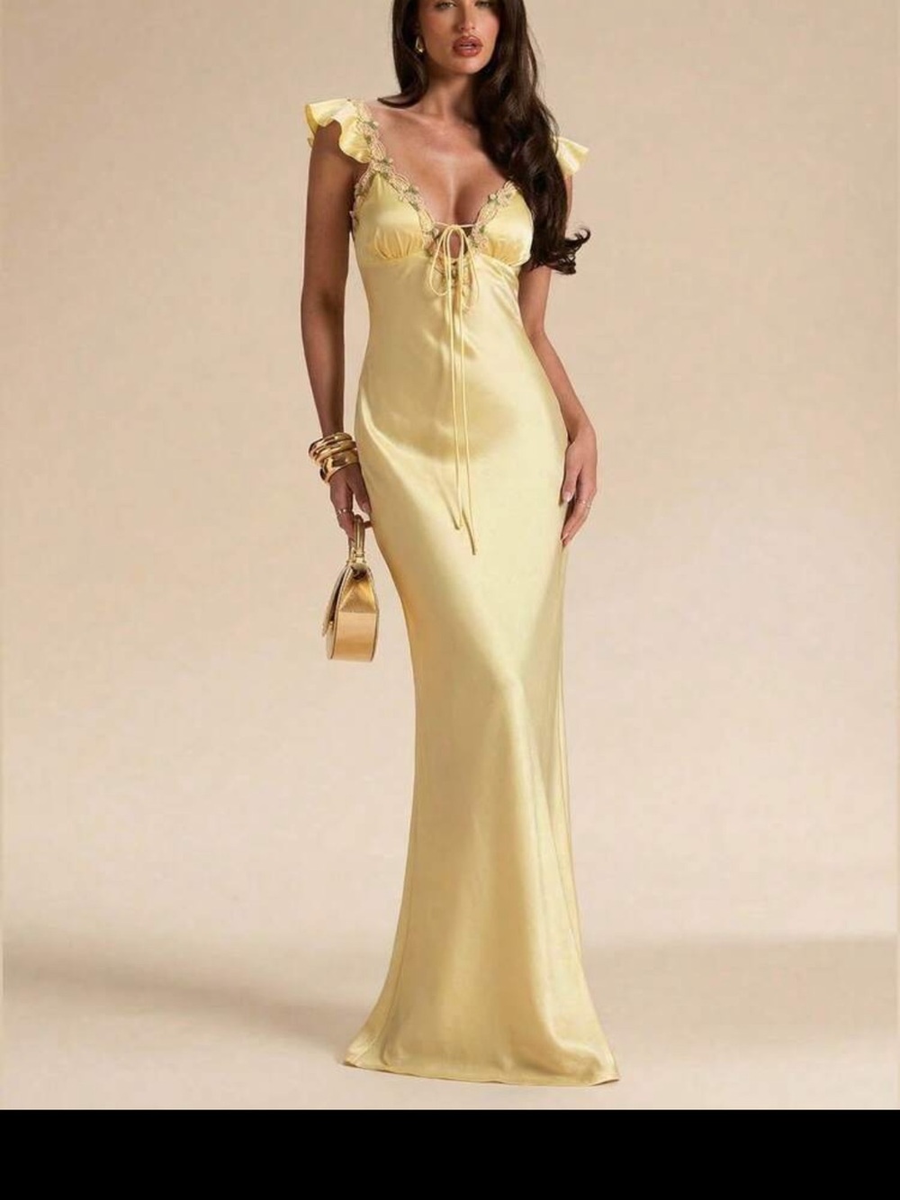 SHEIN Pale Yellow Satin Maxi Dress with Ruffle Straps